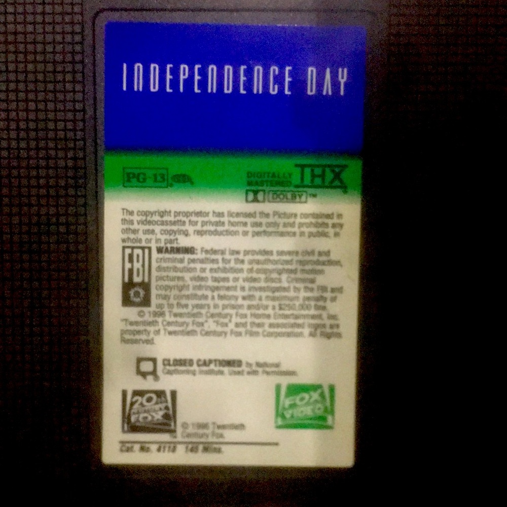Vtg. 1996 VHS#4118 Video Tape. INDEPENDENCE DAY  Will Smith Action Film